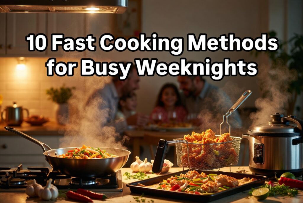 10 Fast Cooking Methods for Busy Weeknights banner showing wok, air fryer, pressure cooker and sheet pan meals