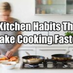 A woman swiftly chopping vegetables in a bright, modern kitchen with motion blur illustrating speed. The text overlay in the center reads: "7 Kitchen Habits That Make Cooking Faster".