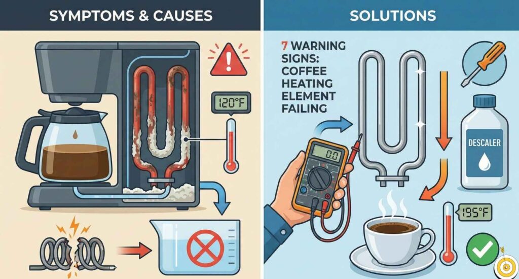 Illustration comparing a failing coffee maker heating element with mineral buildup and low heat against solutions like multimeter testing and descaling.