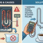 Illustration comparing a failing coffee maker heating element with mineral buildup and low heat against solutions like multimeter testing and descaling.