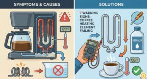 Illustration comparing a failing coffee maker heating element with mineral buildup and low heat against solutions like multimeter testing and descaling.