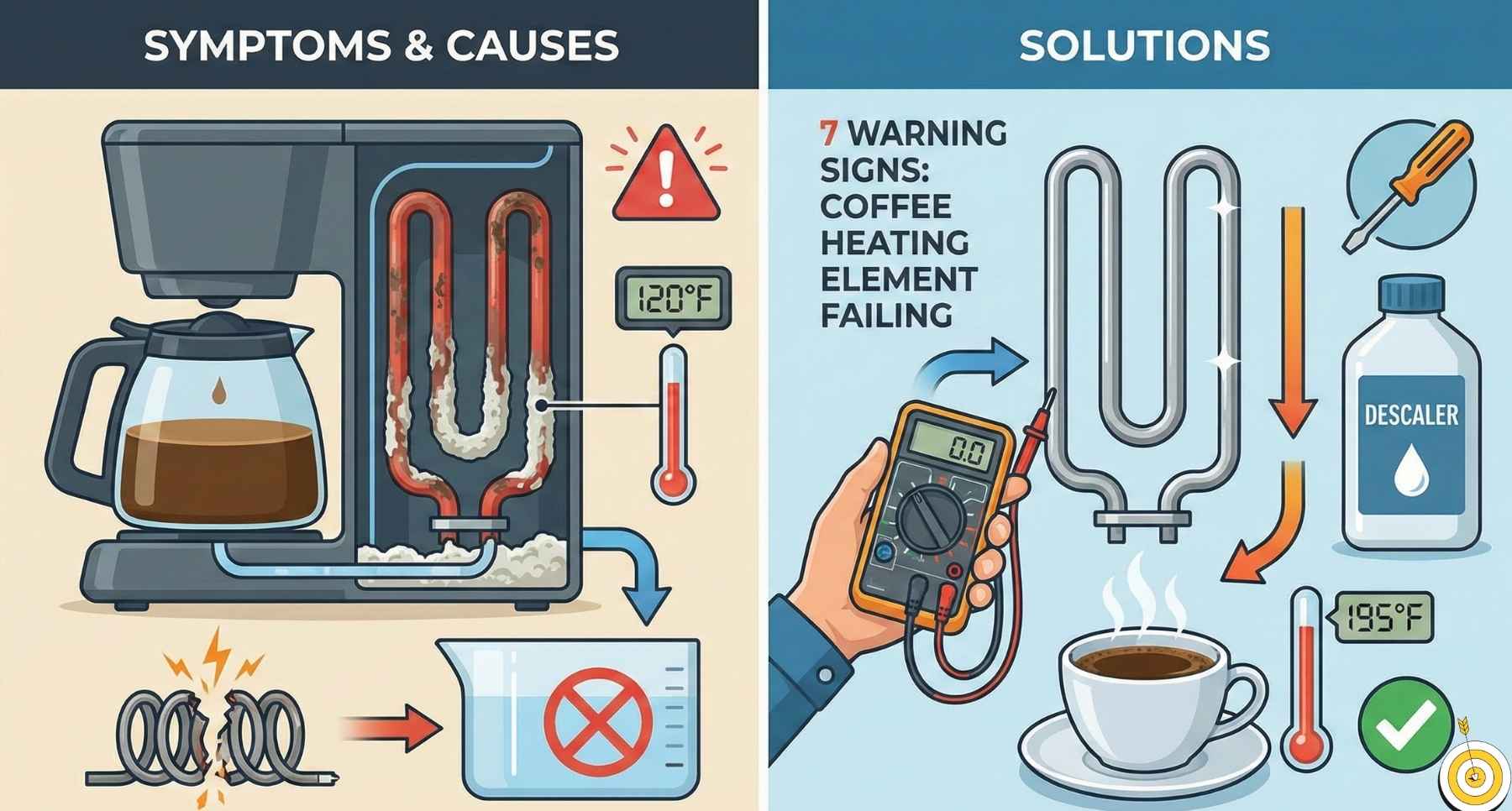 Illustration comparing a failing coffee maker heating element with mineral buildup and low heat against solutions like multimeter testing and descaling.
