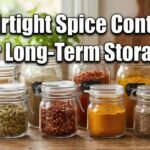 Best airtight spice containers for long-term storage showing clear glass jars with clamp lids filled with fresh spices on a wooden counter.