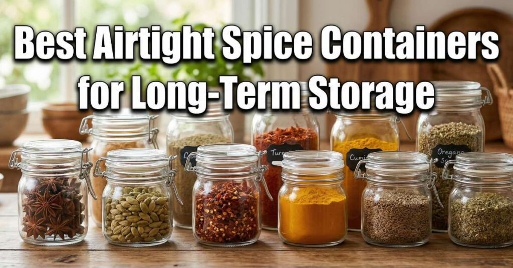 Best airtight spice containers for long-term storage showing clear glass jars with clamp lids filled with fresh spices on a wooden counter.