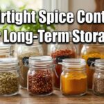 Best airtight spice containers for long-term storage showing clear glass jars with clamp lids filled with fresh spices on a wooden counter.