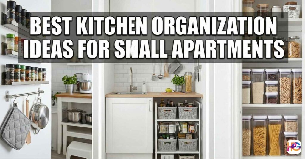 A small kitchen showing the best kitchen organization ideas for small apartments, including a wall pegboard for pots and a slim pull-out pantry.