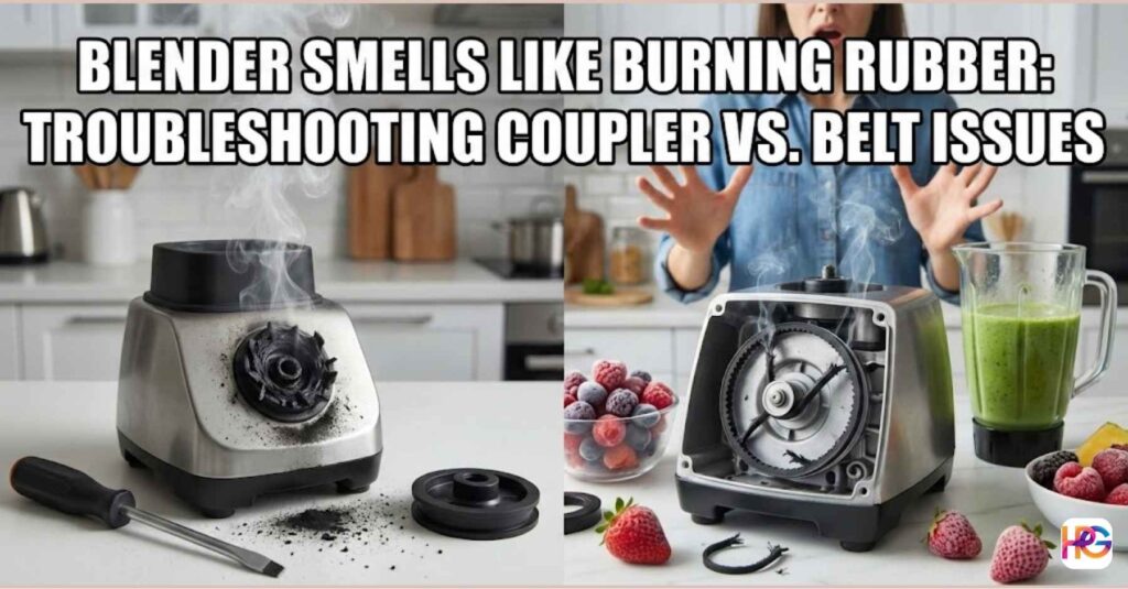 A smoking blender base showing a melted drive coupler next to an opened blender with a broken motor belt, explaining why a blender smells like burning rubber.