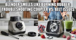 A smoking blender base showing a melted drive coupler next to an opened blender with a broken motor belt, explaining why a blender smells like burning rubber.