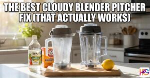 A cloudy blender pitcher next to a clear one on a kitchen counter with vinegar and baking soda, showing a cloudy blender pitcher fix.