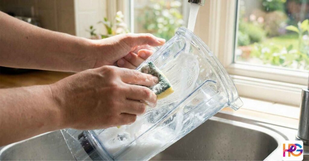 Cloudy Blender Pitcher Fix (2) Hands scrubbing hard water stains off a cloudy blender pitcher with a soapy sponge under a kitchen faucet.