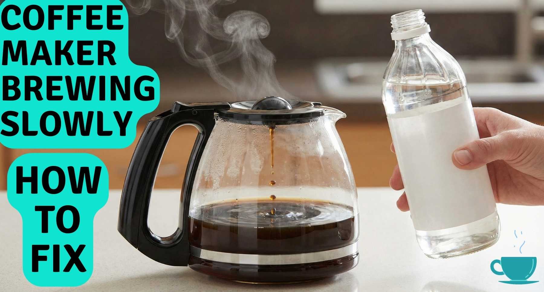 A coffee maker brewing slowly and steaming on a kitchen counter, with a hand holding a bottle of white vinegar for repair.