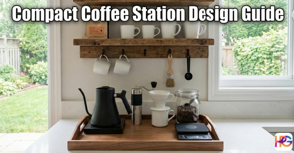 Compact Coffee Station Design Guide showing a black kettle, hand grinder, and pour-over cone on a wooden tray with floating shelves above.