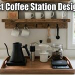 Compact Coffee Station Design Guide showing a black kettle, hand grinder, and pour-over cone on a wooden tray with floating shelves above.