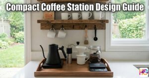 Compact Coffee Station Design Guide showing a black kettle, hand grinder, and pour-over cone on a wooden tray with floating shelves above.