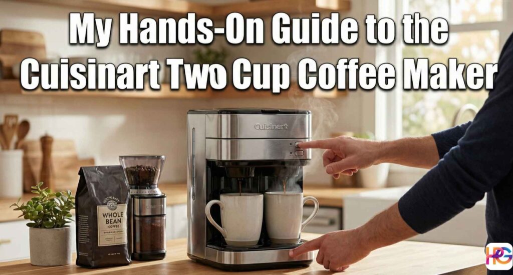 Person brewing hot coffee into two mugs using a Cuisinart two cup coffee maker on a kitchen counter.