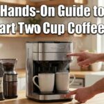 Person brewing hot coffee into two mugs using a Cuisinart two cup coffee maker on a kitchen counter.