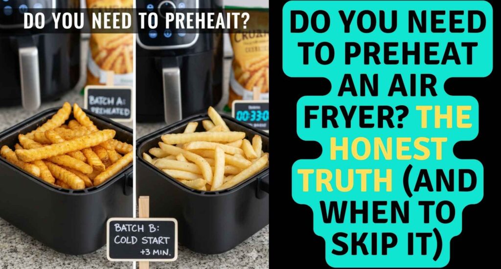 A side-by-side comparison of two air fryer baskets filled with french fries, labeled Batch A Preheated (crispy and golden) and Batch B Cold Start (paler), illustrating if you need to preheat an air fryer.