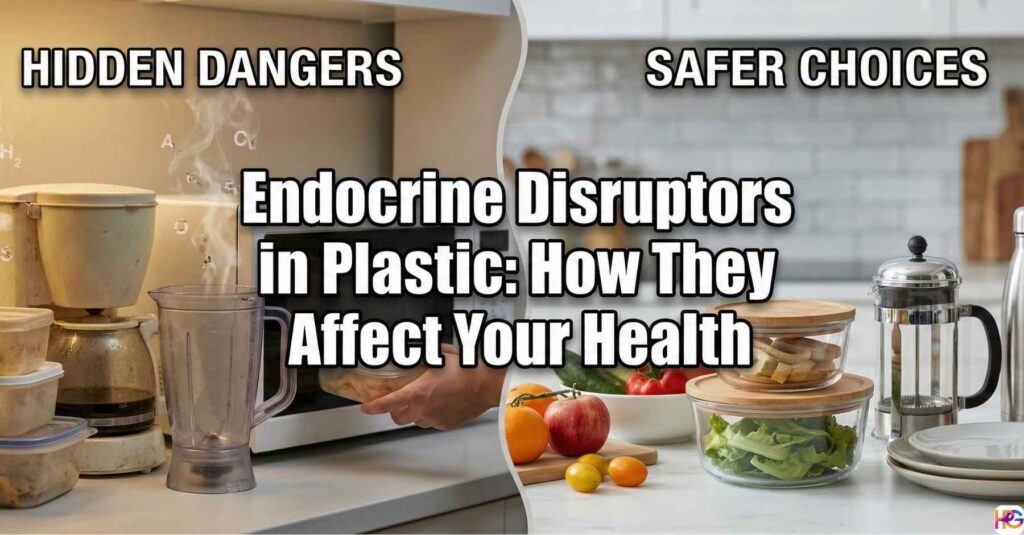 A split-image comparison showing old, heated plastic containers and a coffee maker on the left under "Hidden Dangers," and glass food storage bowls, a stainless steel French press, and a metal water bottle on the right under "Safer Choices," with the central title "Endocrine Disruptors in Plastic: How They Affect Your Health."