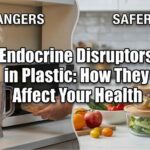 A split-image comparison showing old, heated plastic containers and a coffee maker on the left under "Hidden Dangers," and glass food storage bowls, a stainless steel French press, and a metal water bottle on the right under "Safer Choices," with the central title "Endocrine Disruptors in Plastic: How They Affect Your Health."