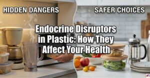 A split-image comparison showing old, heated plastic containers and a coffee maker on the left under "Hidden Dangers," and glass food storage bowls, a stainless steel French press, and a metal water bottle on the right under "Safer Choices," with the central title "Endocrine Disruptors in Plastic: How They Affect Your Health."