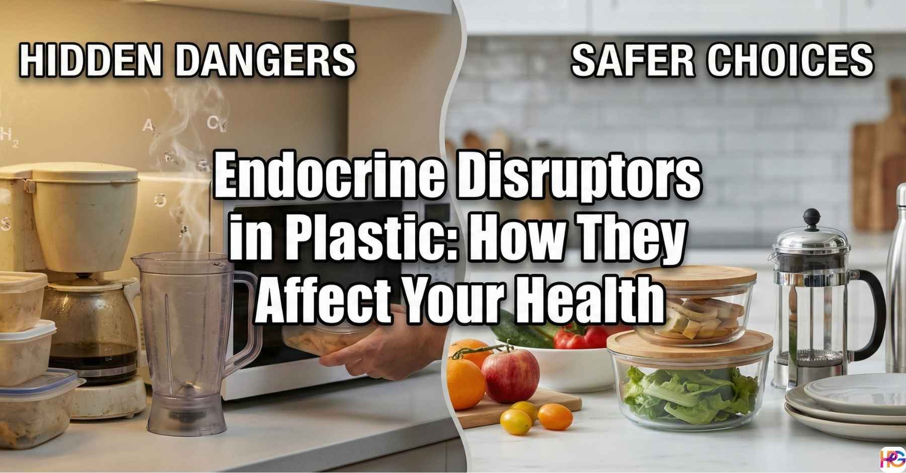 A split-image comparison showing old, heated plastic containers and a coffee maker on the left under "Hidden Dangers," and glass food storage bowls, a stainless steel French press, and a metal water bottle on the right under "Safer Choices," with the central title "Endocrine Disruptors in Plastic: How They Affect Your Health."