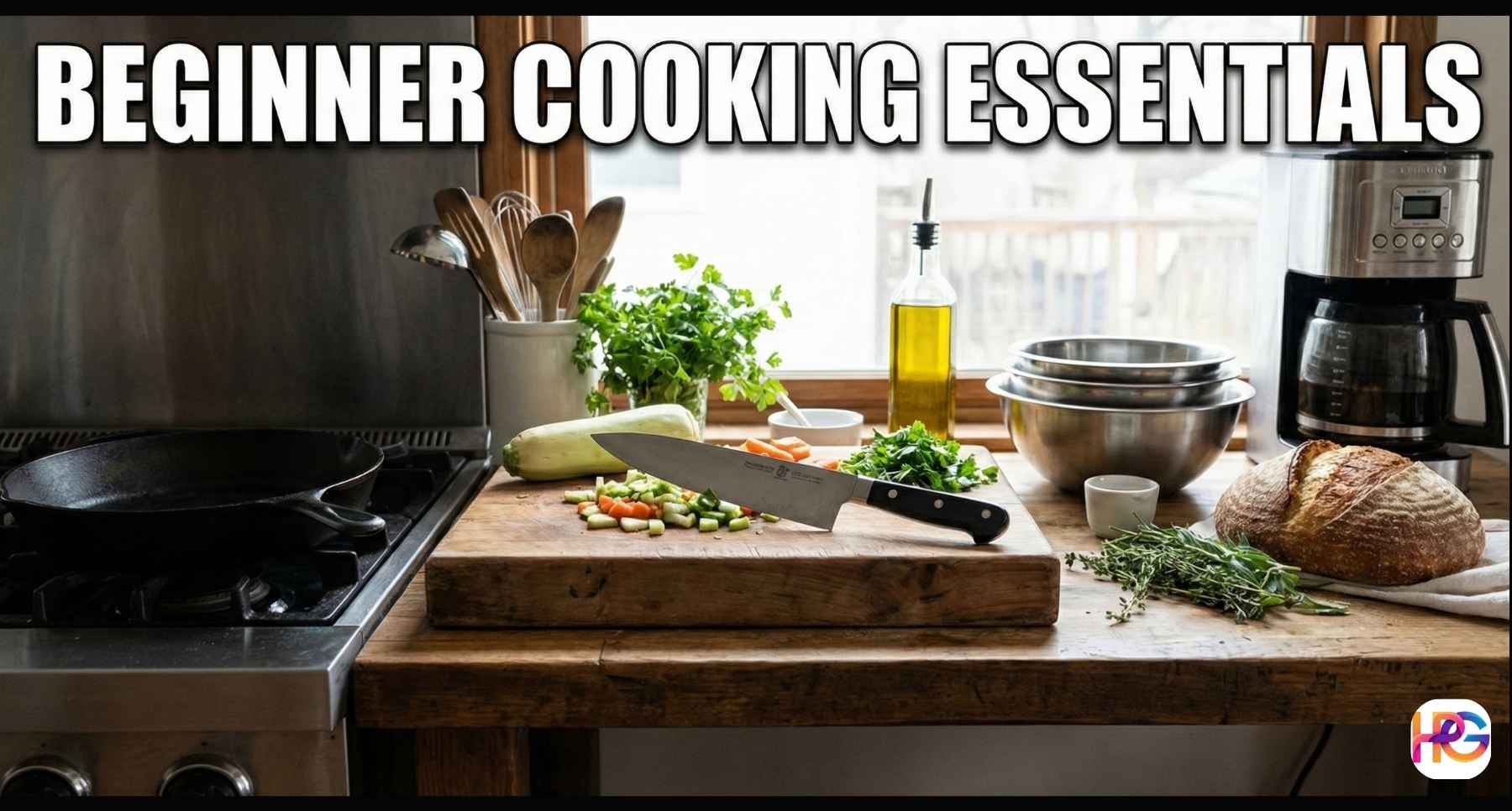 A rustic kitchen counter showing beginner cooking essentials like a cast iron skillet, a sharp chef knife, a wood cutting board, a coffee maker, and fresh sourdough bread.