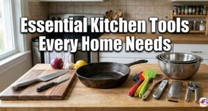 A wooden kitchen counter showing the essential kitchen tools every home needs, like a cast iron pan, knives, and mixing bowls.