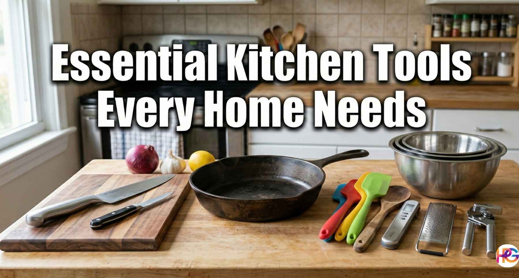 A wooden kitchen counter showing the essential kitchen tools every home needs, like a cast iron pan, knives, and mixing bowls.