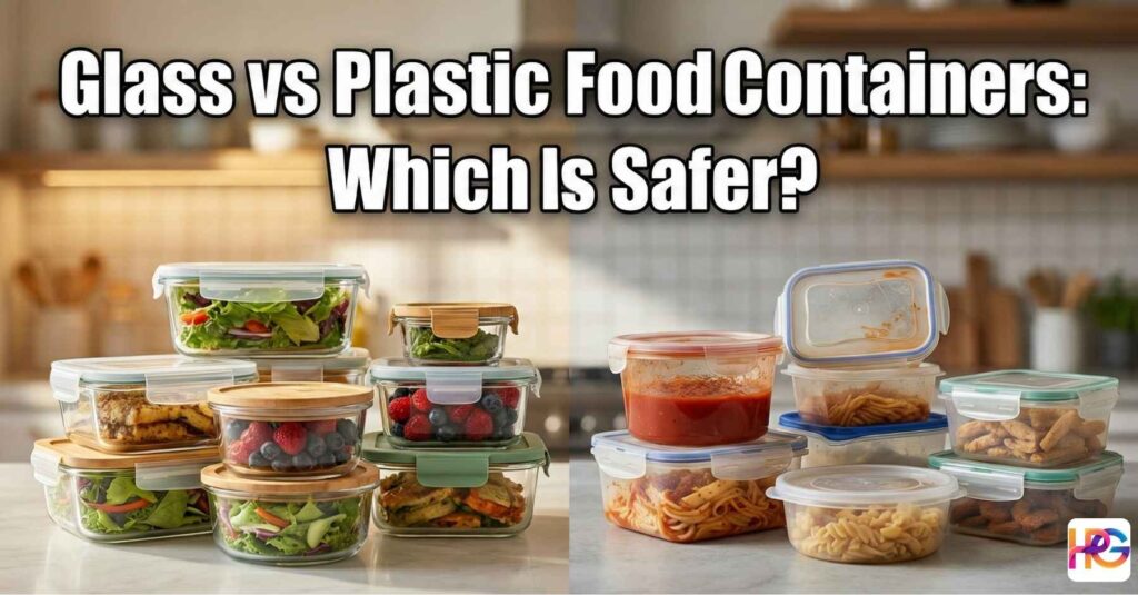 Clean glass food bowls sit next to old, stained plastic tubs. The big text asks which one is safer.