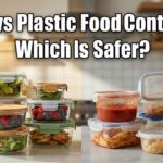 Clean glass food bowls sit next to old, stained plastic tubs. The big text asks which one is safer.