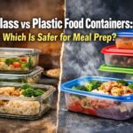 Side-by-side comparison of glass and plastic food containers with bold title text “Glass vs Plastic Food Containers: Which Is Safer for Meal Prep?”