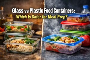 Side-by-side comparison of glass and plastic food containers with bold title text “Glass vs Plastic Food Containers: Which Is Safer for Meal Prep?”