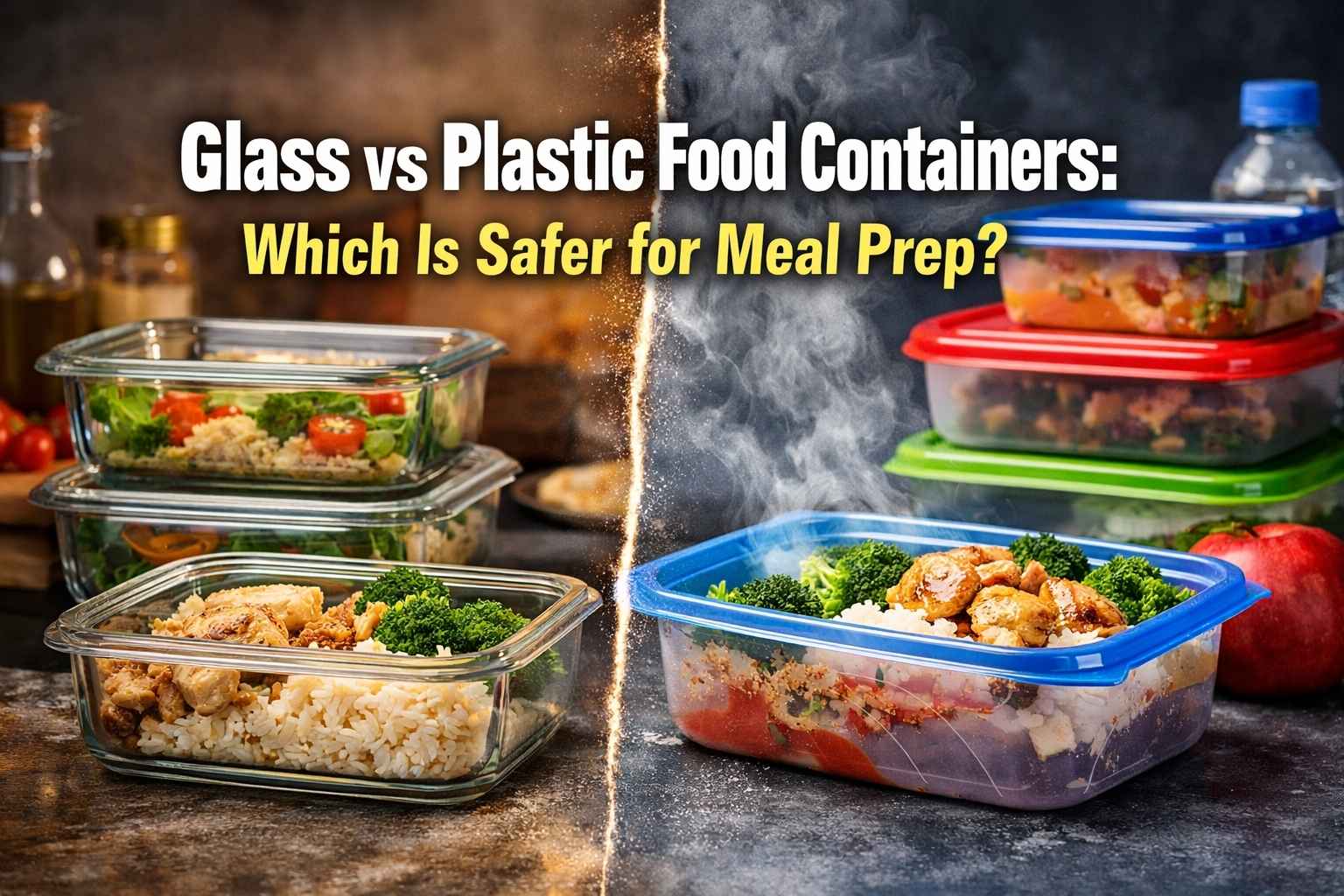Side-by-side comparison of glass and plastic food containers with bold title text “Glass vs Plastic Food Containers: Which Is Safer for Meal Prep?”