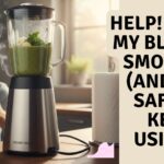 A Silver Crest blender on a wooden kitchen counter emitting wisps of grey smoke while a concerned man in the background holds a tea towel with a worried expression.