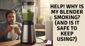 A Silver Crest blender on a wooden kitchen counter emitting wisps of grey smoke while a concerned man in the background holds a tea towel with a worried expression.