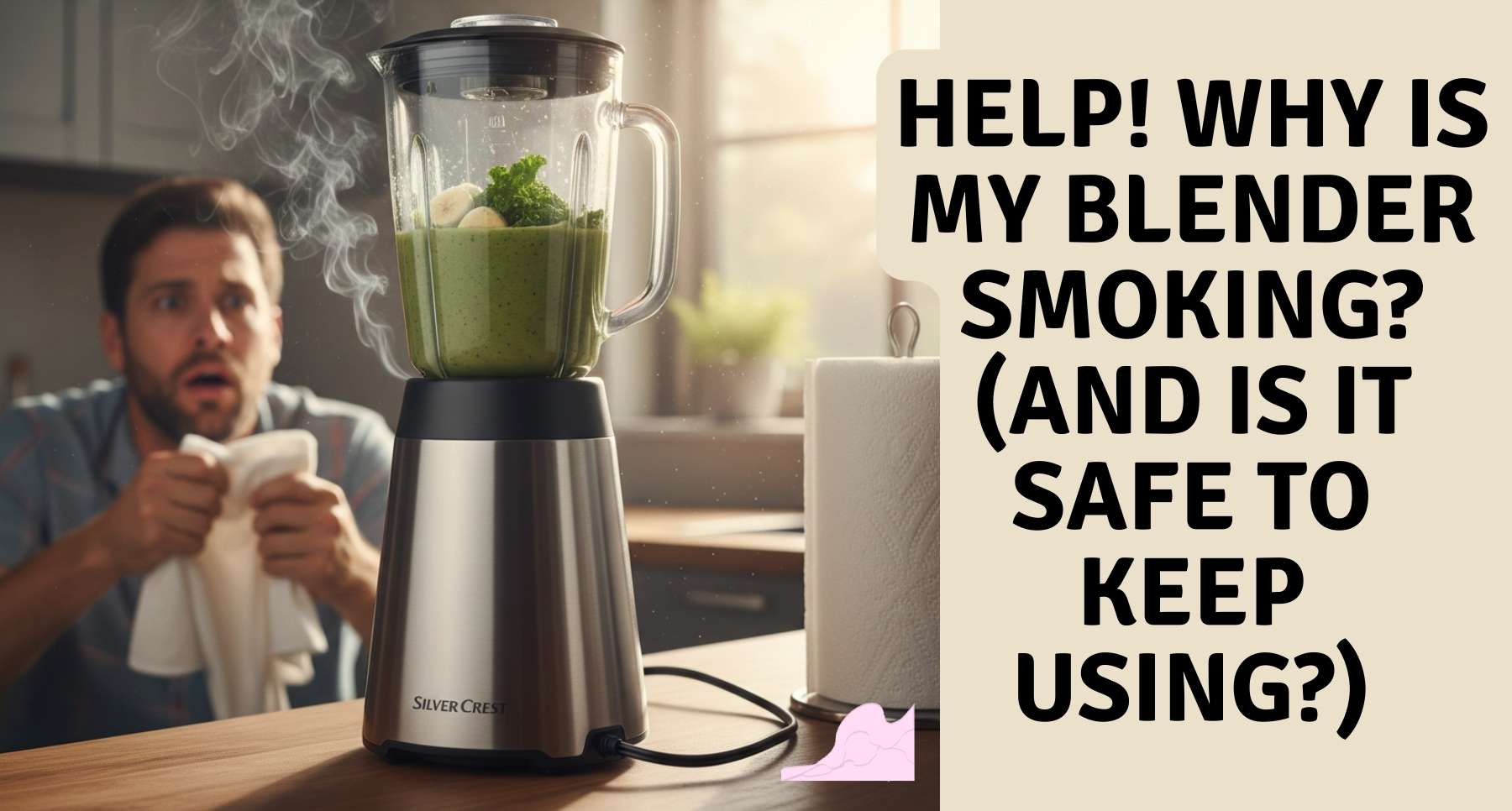 A Silver Crest blender on a wooden kitchen counter emitting wisps of grey smoke while a concerned man in the background holds a tea towel with a worried expression.
