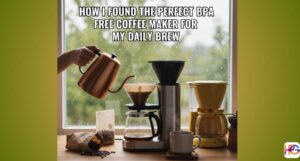 A person pouring hot water from a copper kettle into a glass and stainless steel BPA free coffee maker on a kitchen counter.