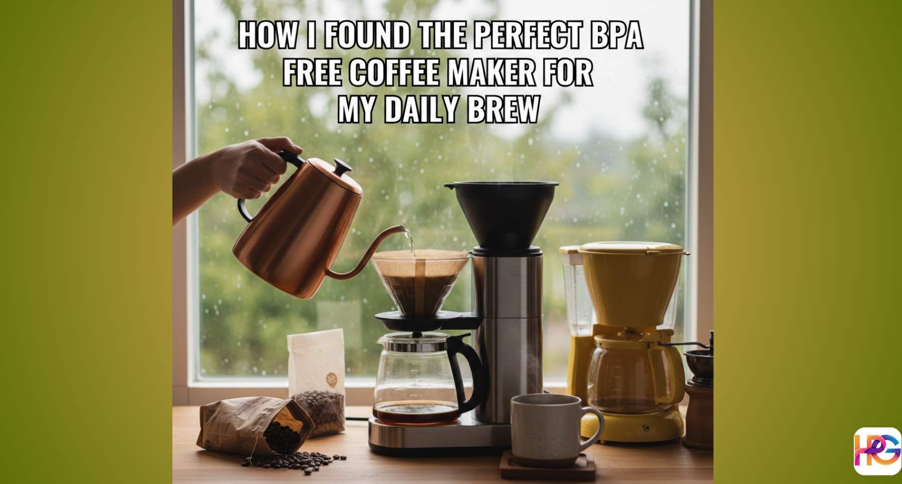 A person pouring hot water from a copper kettle into a glass and stainless steel BPA free coffee maker on a kitchen counter.