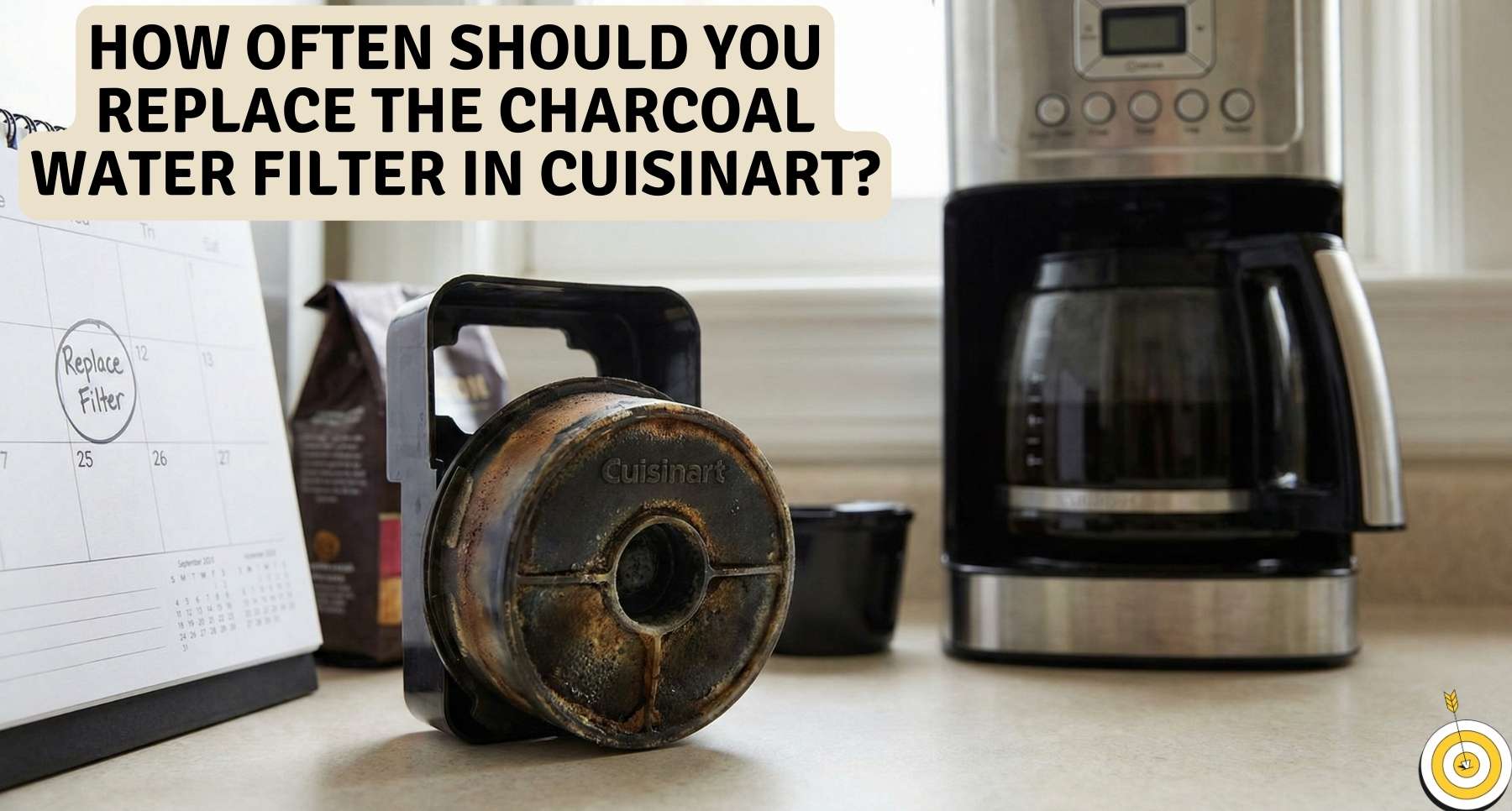 Used Cuisinart charcoal water filter in black plastic holder sitting on kitchen counter next to a calendar marked replace filter and a coffee maker.