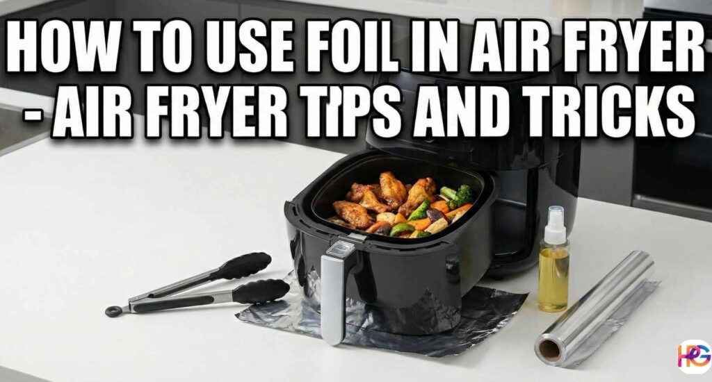 Black air fryer open on a white counter with hot food inside. A roll of foil, tongs, and oil sit next to it. Large text says How To Use Foil In Air Fryer - Air Fryer Tips and Tricks.