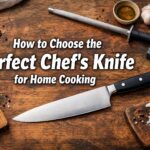 How to Choose the Perfect Chef’s Knife for Home Cooking title text over chef knife with vegetables and sharpening tools on wooden table