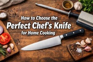 How to Choose the Perfect Chef’s Knife for Home Cooking title text over chef knife with vegetables and sharpening tools on wooden table