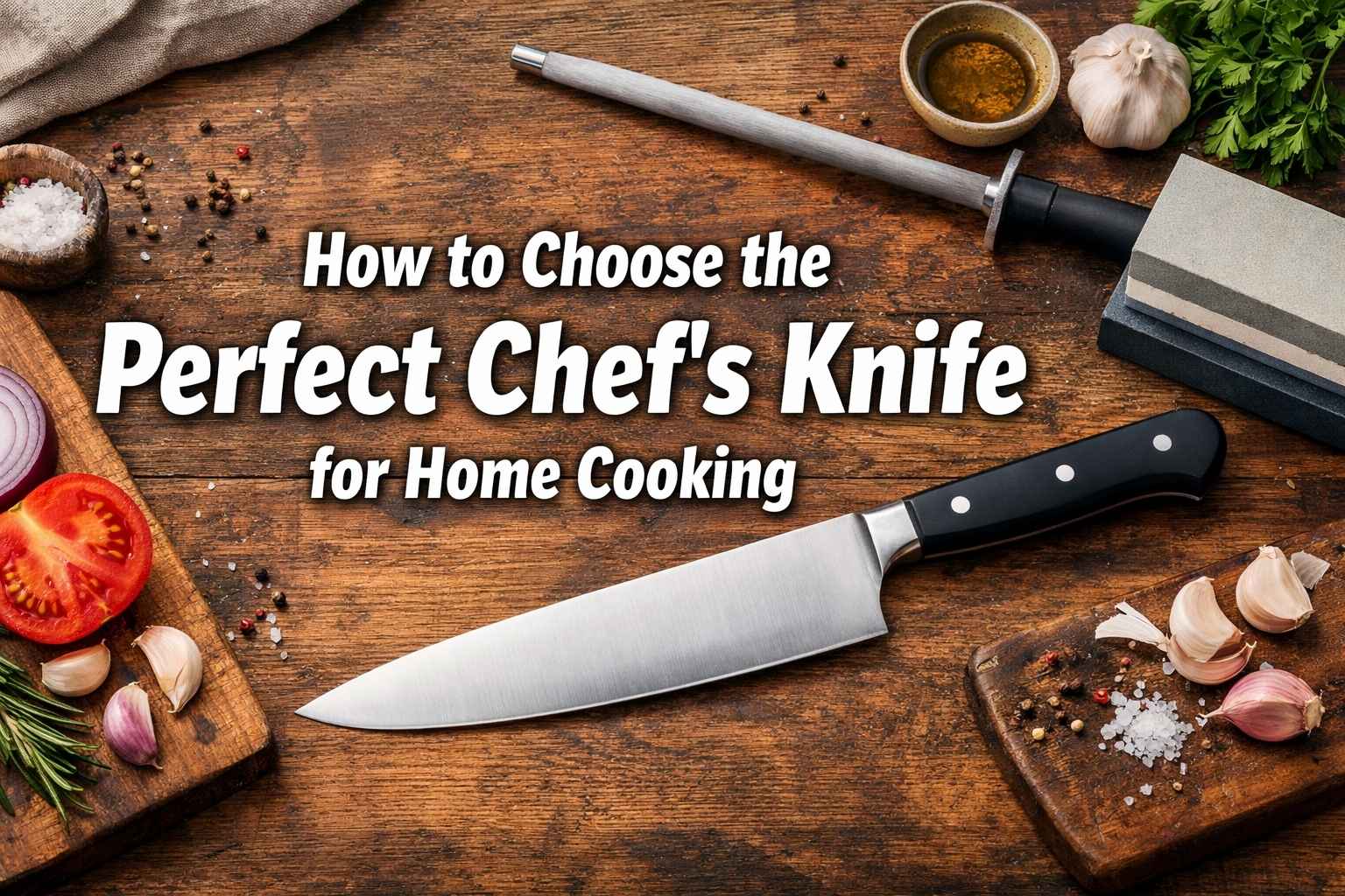 How to Choose the Perfect Chef’s Knife for Home Cooking title text over chef knife with vegetables and sharpening tools on wooden table
