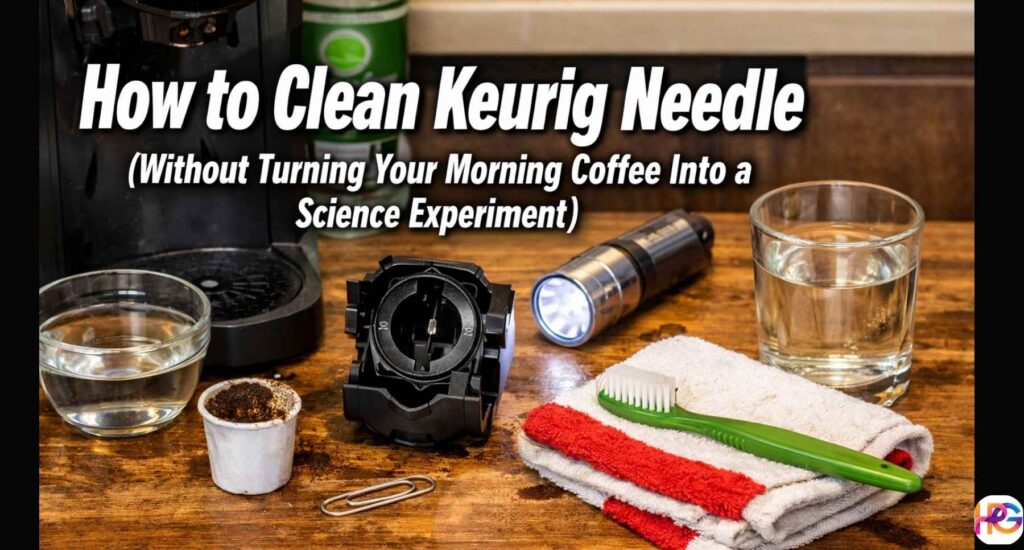 How to clean Keurig needle with paper clip, toothbrush, and warm water on kitchen counter