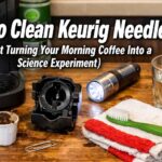 How to clean Keurig needle with paper clip, toothbrush, and warm water on kitchen counter