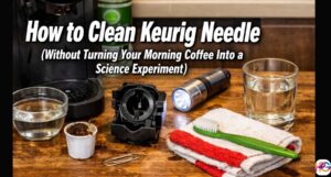 How to clean Keurig needle with paper clip, toothbrush, and warm water on kitchen counter
