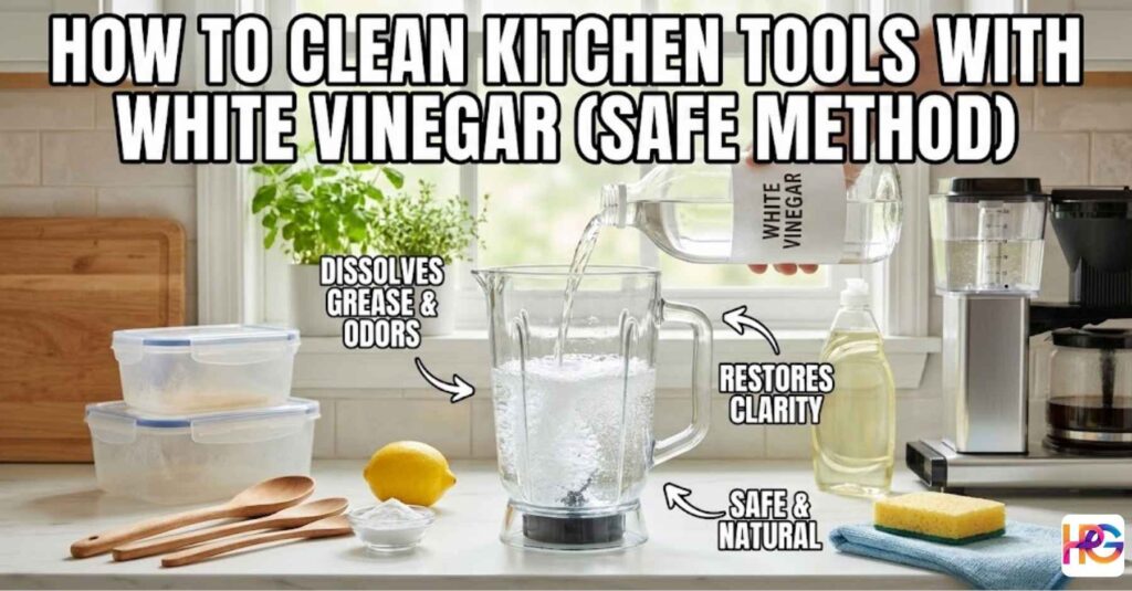 A person pours white vinegar into a blender jug to show how to clean kitchen tools with white vinegar using a safe method.