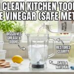 A person pours white vinegar into a blender jug to show how to clean kitchen tools with white vinegar using a safe method.