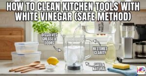 A person pours white vinegar into a blender jug to show how to clean kitchen tools with white vinegar using a safe method.