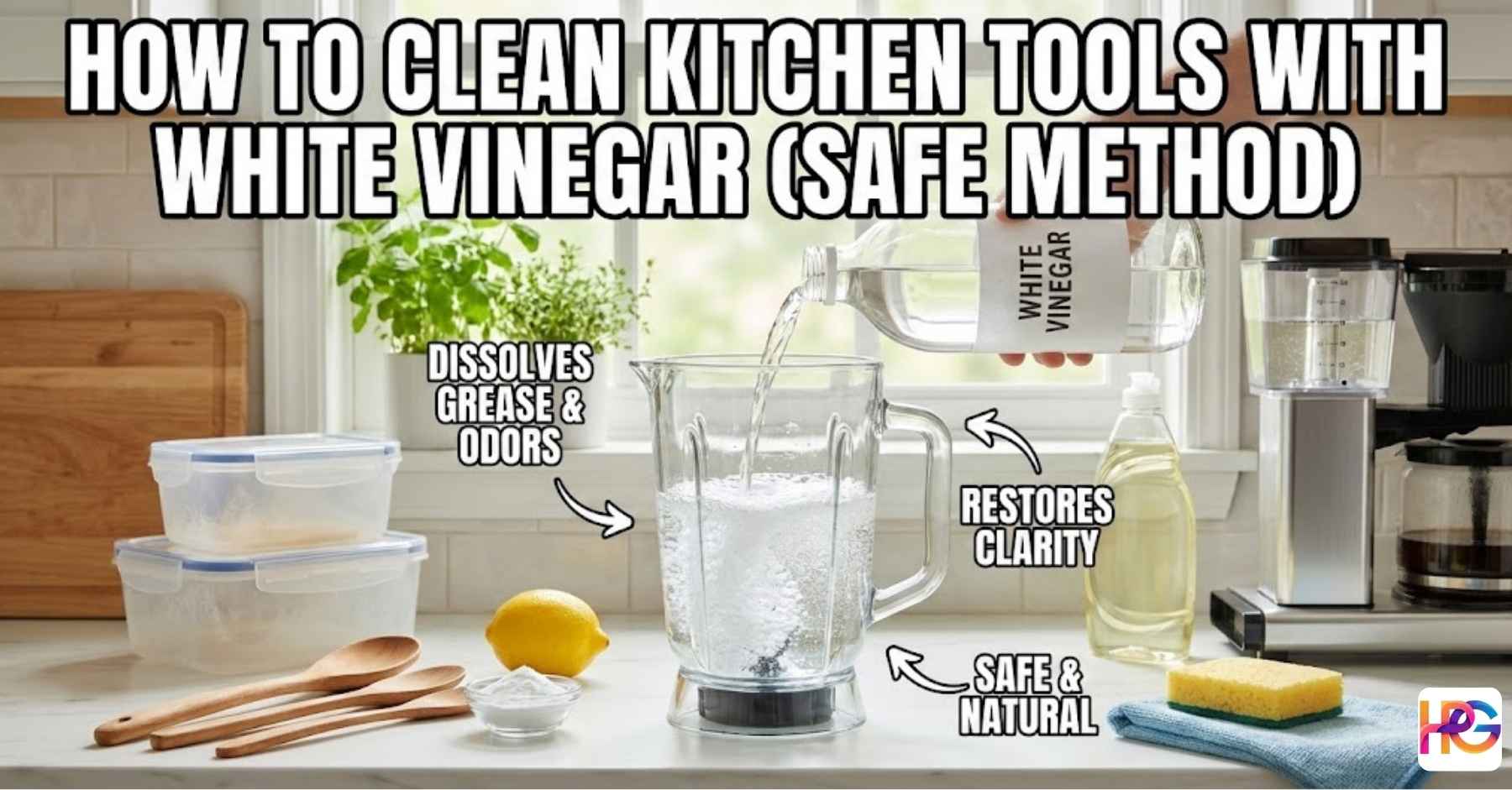 A person pours white vinegar into a blender jug to show how to clean kitchen tools with white vinegar using a safe method.